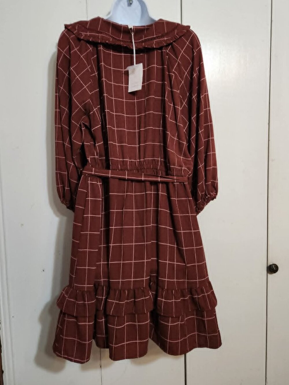 LC Lauren Conrad Dress XL NWT Brown Plaid Peter Pan Collar Cottagecore Ruffle - Picture 2 of 7